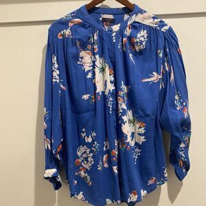 Kaari Blue Tunic Women XL Blue Floral Top Cottagecore Drapey‎ Flowy Oversized